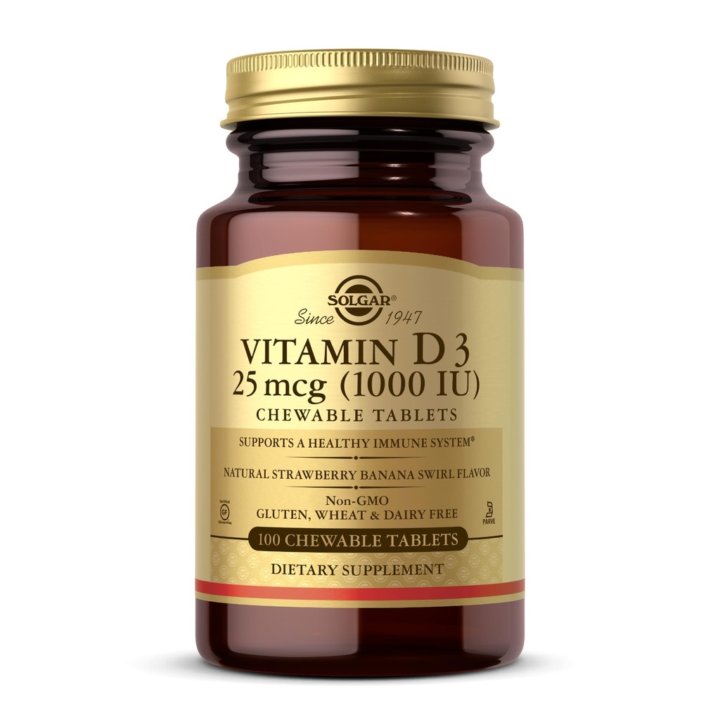 ソルガービタミンD3(Cholecalciferol)25mcg(1000 IU)、ナチュラルストロベリーバナナスワール - 100Chewableタブレット - 非GMO、コーシャ - 100サービング