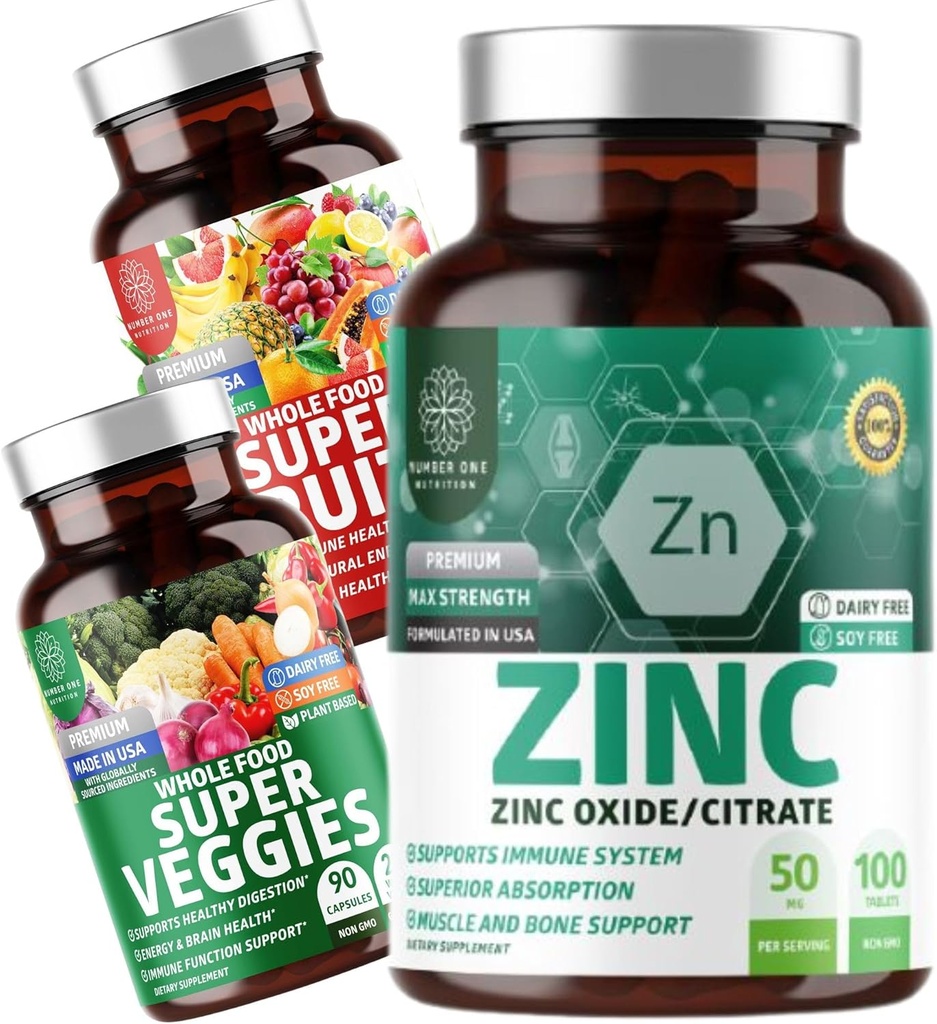 Number One Nutrition N1N Premium Super Fruits & Veggies Supplement [40 Whole Foods, Aloe Vera, Vitamins] and Zinc 50mg [3X Absorption], 2 Pack Bundle
