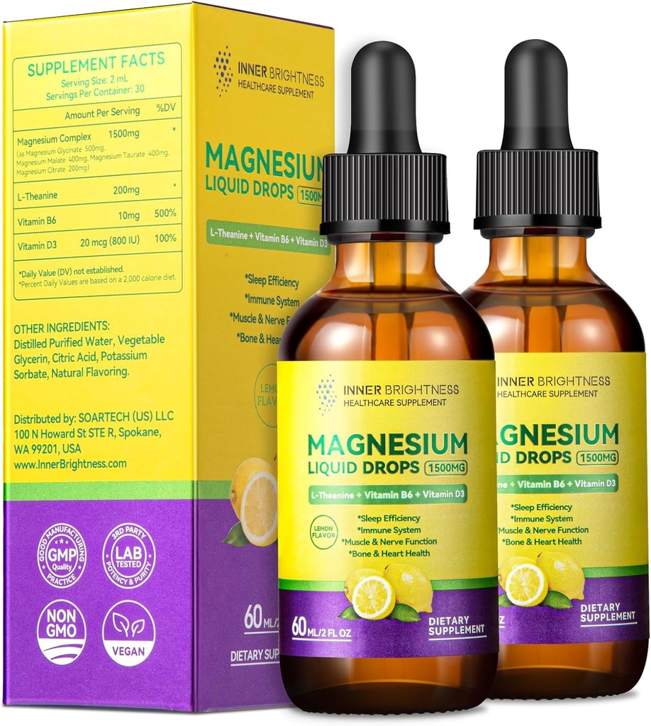 Magnesium Glycinate Liquid Drops 1500mg with Magnesium Citrate & Taurate, L-Theanine, Vitamin D3, B6 - Supports Calm, Sleep, Muscle Relaxation, Leg Cramps & Energy, Lemon Flavor, 60mL-2 Pack