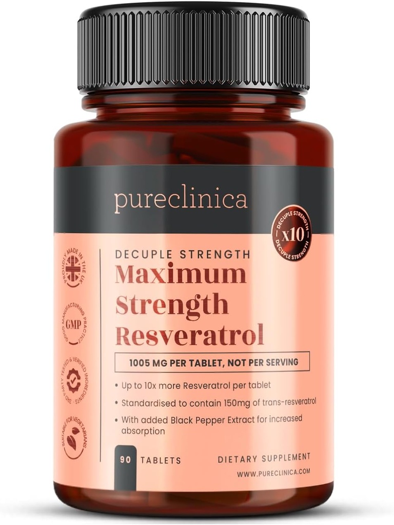 Pureclinica 1000mg Resveratrol x 90タブレット(3か月の供給)。 より速い吸収のための黒いペッパーのエキスとの10 x強さ