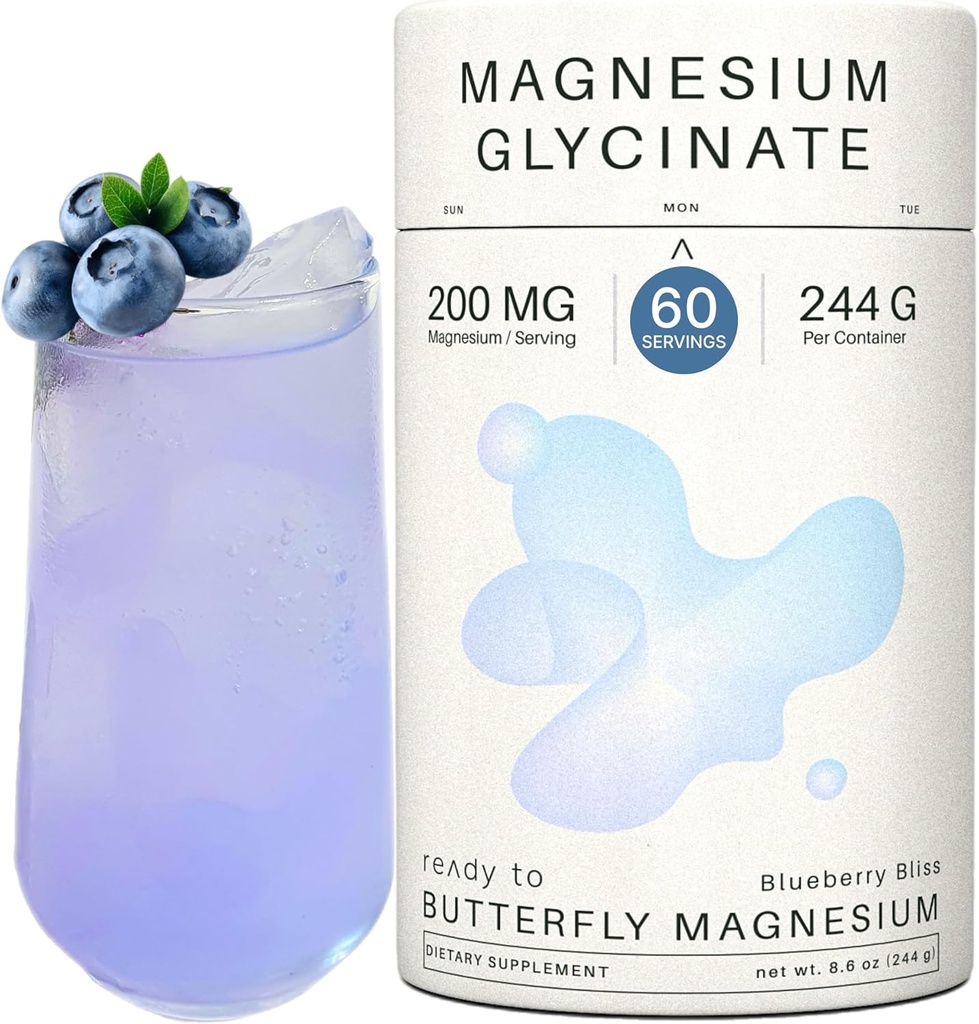 マグネシウム グリシナートパウダー 200mg | 有機バタフライ ピーフラワーによる高吸収性キレートビ糖蜜 | ストレスリリーフ・カルム・スリープ | 8.6 oz, 60 サービング