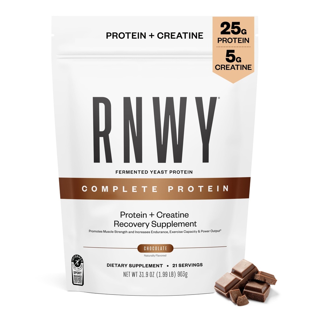 RNWYコンプリートプロテイン、25gイーストプロテイン+ 5gクレアチンモノハイドレート、ビーガン、乳製品フリー、インフォーメーションスポーツ認定、Endurance選手のためのポストワークアウト回復、チョコレート、21サービング