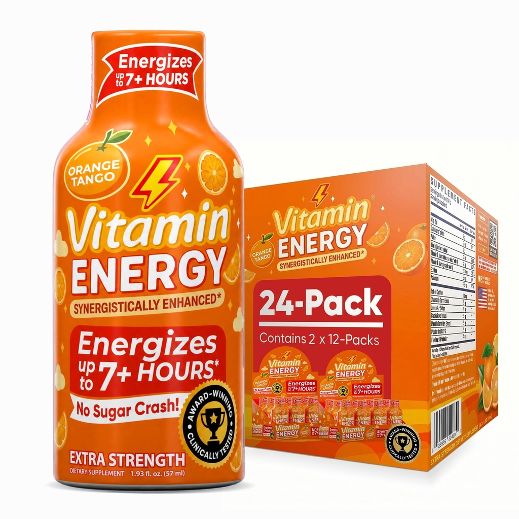 ビタミン エネルギー 免疫+ 余分強さ エネルギー ショット オレンジ バースト 24 のパック、260mg 自然なカフェイン、B ビタミン、シチコリン、緑茶、免除及び焦点サポート、ゼロ砂糖、グルテンフリー 1.93 の fl oz