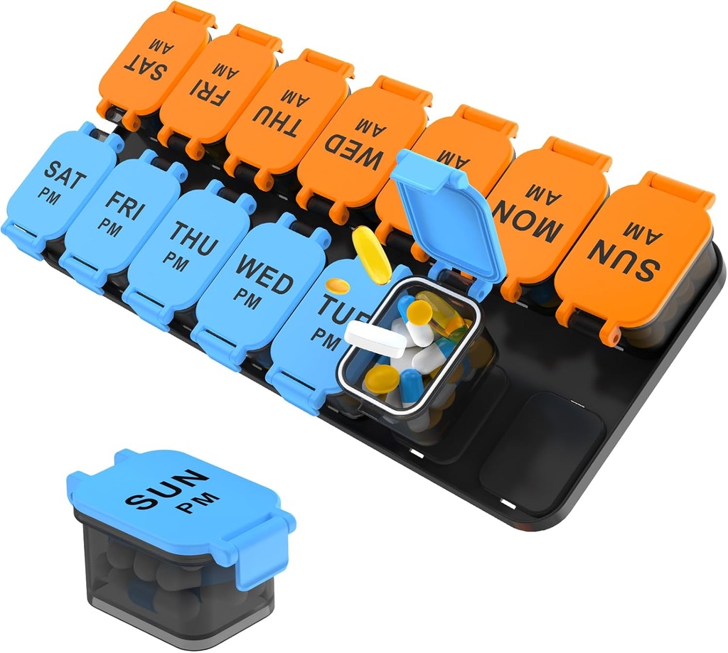 大きい 7 日の丸薬のオルガナイザー、XL AM PM は日の薬の収納箱、丸薬のための大きい 2 週の丸薬のホールダー、ビタミン及び補足、薬のための旅行丸薬の箱(Blue+Orange)を二度重ねます