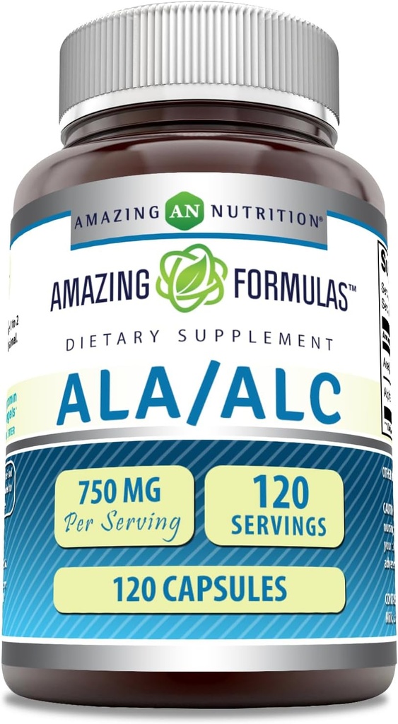 アメージングフォーミュラ ALA/ALC(アルファリポ酸/アセチルL-カルニチン) サプリメント | 750 Mg per サービング | カプセル | 非GMO | グルテンフリー | アメリカ製(1パック、120カウント)