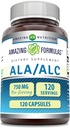 アメージングフォーミュラ ALA/ALC(アルファリポ酸/アセチルL-カルニチン) サプリメント | 750 Mg per サービング | カプセル | 非GMO | グルテンフリー | アメリカ製(1パック、120カウント)