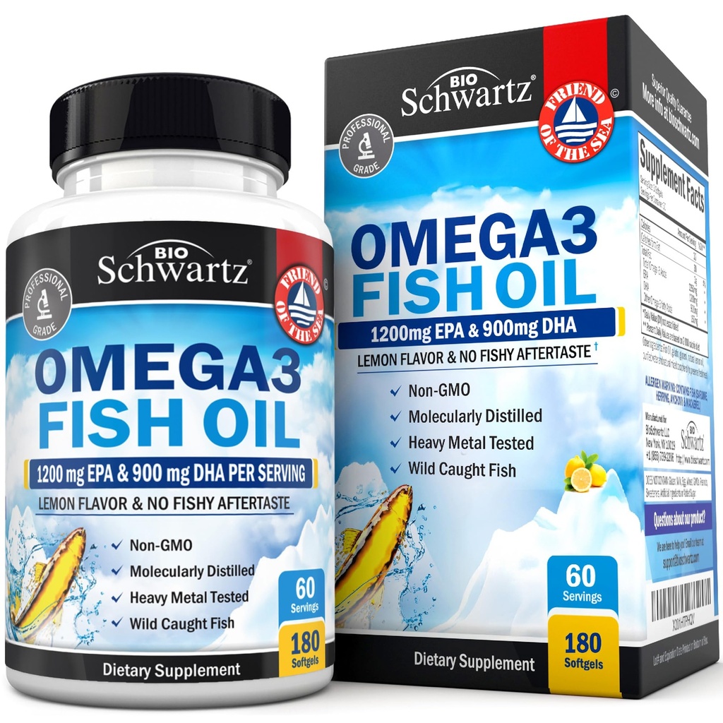 トリプル強度オメガ3魚油サプリメント - 2250mg EPA DHAオメガ3脂肪酸フレッシュワイルドキャッチフィッシュ、バープレスレモン風味フォーミュラは、目の健康とその他をサポート、グルテンフリー、180ソフトゲル