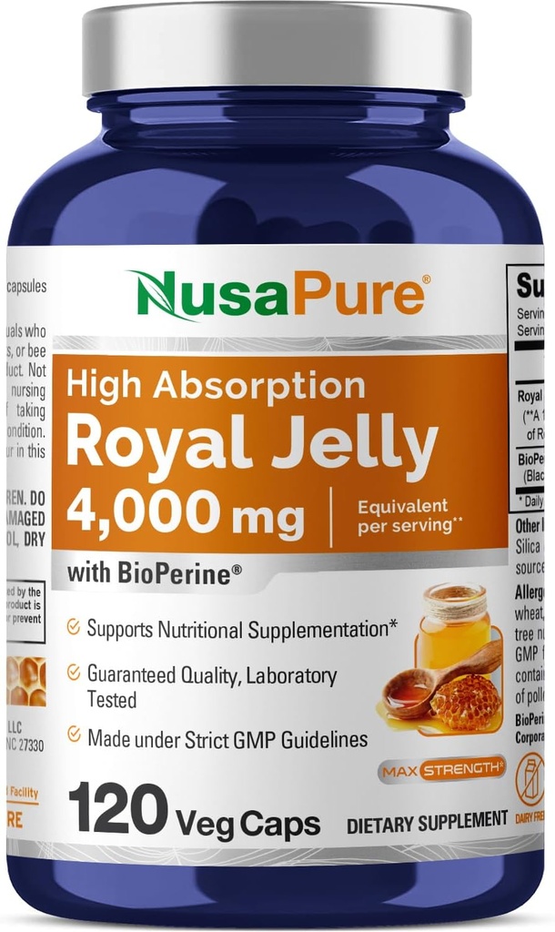 NusaPure Royal Jelly 10:1 Extract, 400 mg Equivalent to 4000mg - 120 Veggie Capsules (Non-GMO, Gluten Free, Bioperine)