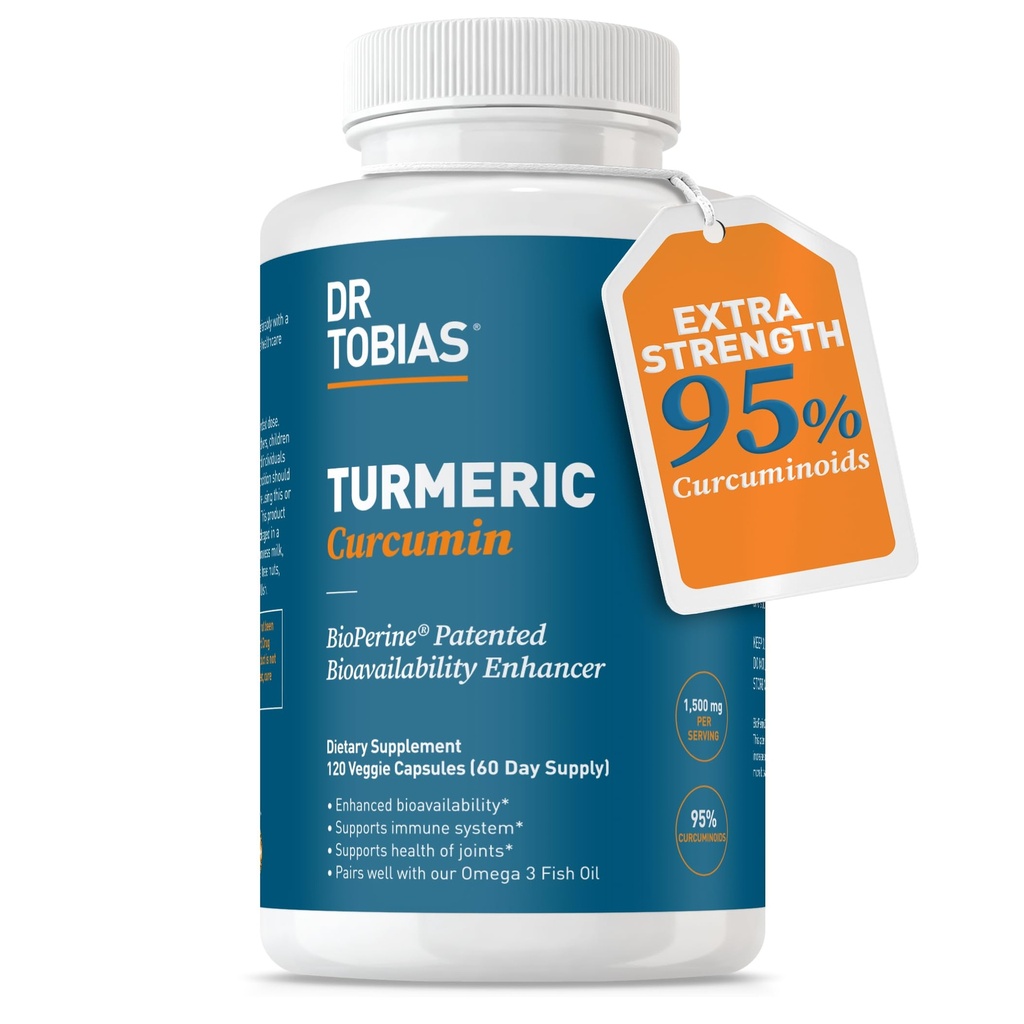 Dr. Tobias ターメリック クルクミン 1500 mg と BioPerine – 余分な強さの補足 95% のクルクミノイドとの共同サポート, 全体的な死亡率 & 免疫の健康, 120 ビーガンカプセル, 非 GMO