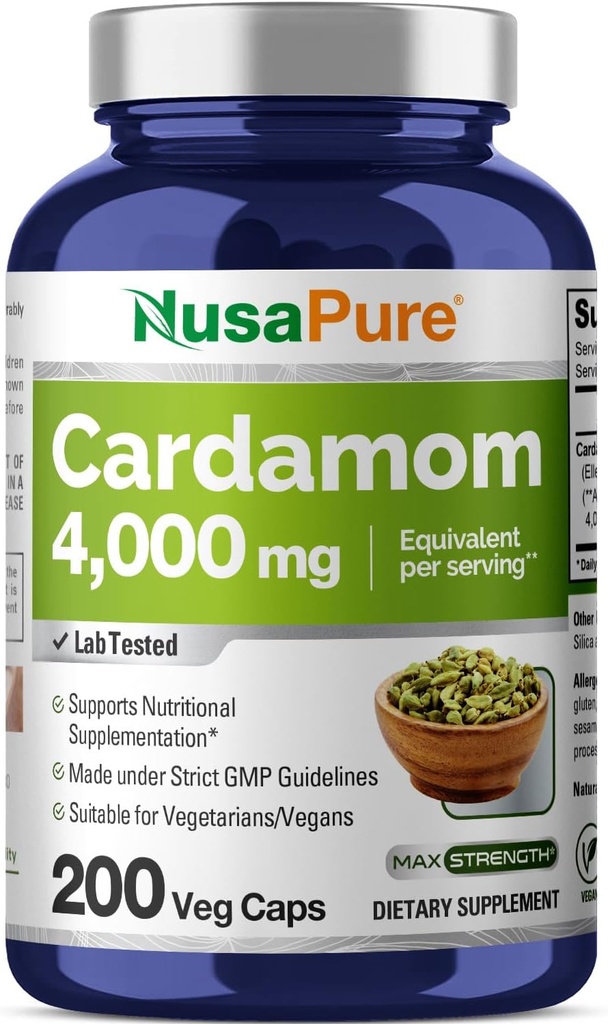 NusaPure Cardamom 4:1抽出物, 1000mg 4,000mg 200ベジタリアンカプセルに等価 (非GMO, ビーガン)