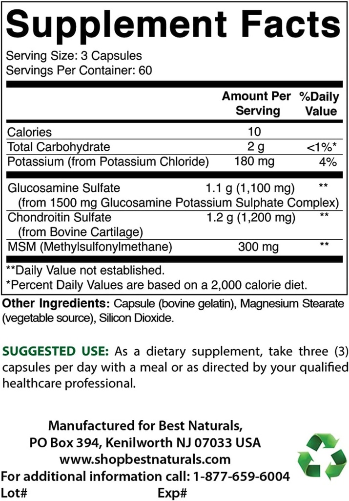 ベストナチュラルグルコサミンコンドロイチンとMSM&マグネシウム酸化物500mg