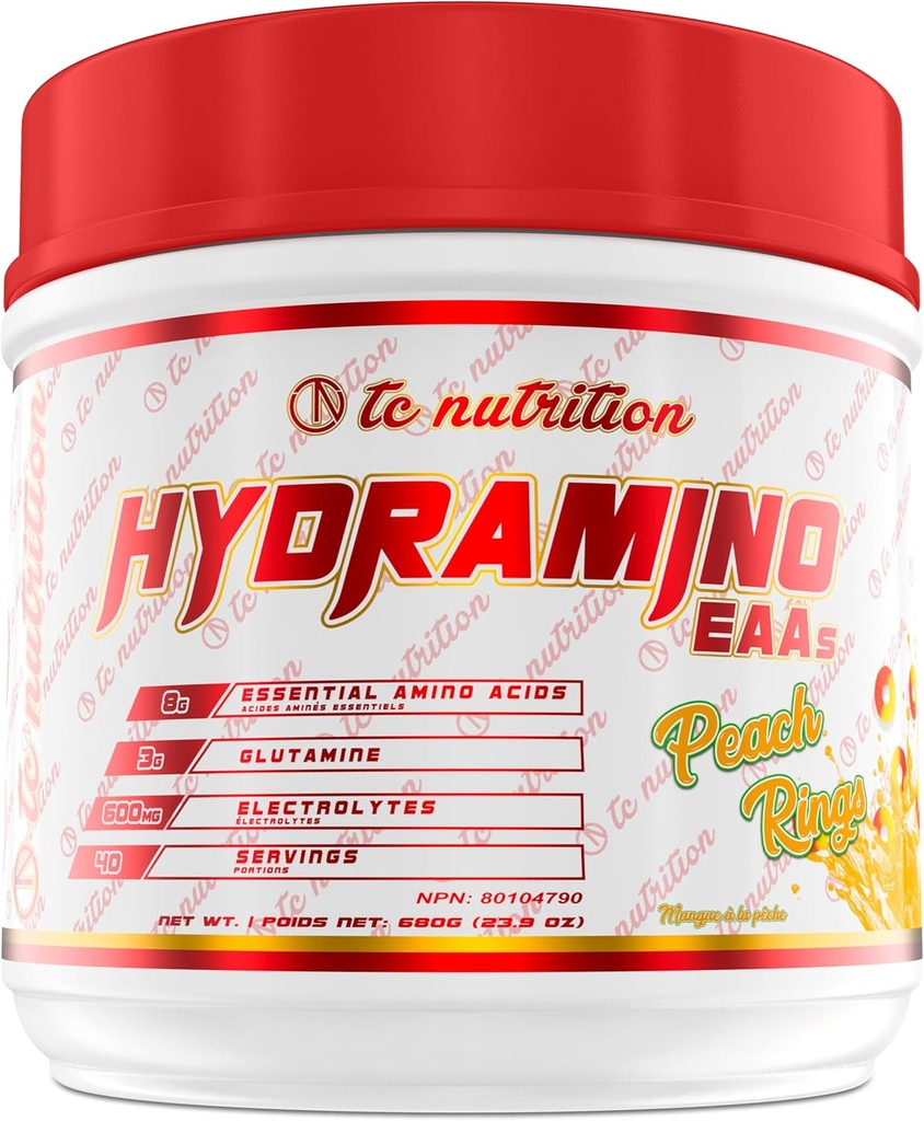 Hydramino EAA + BCAAパウダー - 40 サービング - 必須アミノ酸サプリメント&回復、強度、および水和、7g BCAA、8g EAA、600mg電解液(Vegan、Peach Ring)