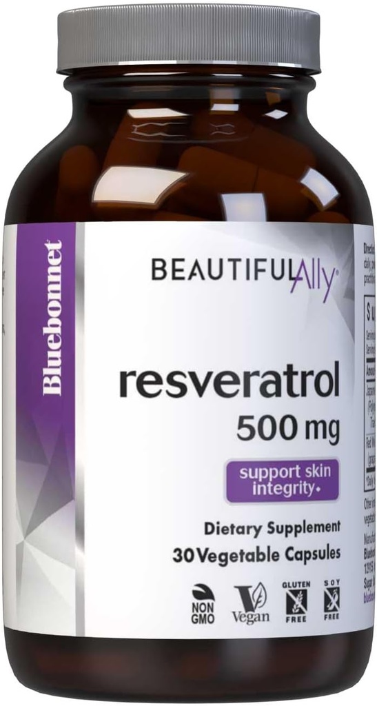 Bluebonnet栄養の美しい味方のResveratrol 500mg、保護皮のIntegrity*、非GMO、ビーガン、グルテンフリー、大豆フリー、酪農場なし、30野菜のカプセル、30のサービング