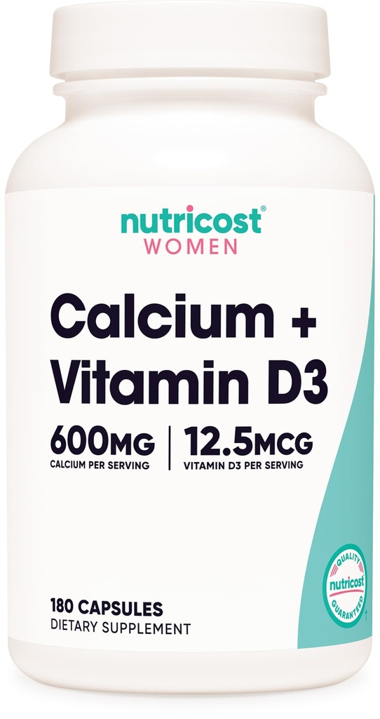 女性のためのNutricostカルシウム(600mg)+ビタミンD3(12.5mcg)、180カプセル - ビーガン、非GMO、グルテンフリー- 60のサービング