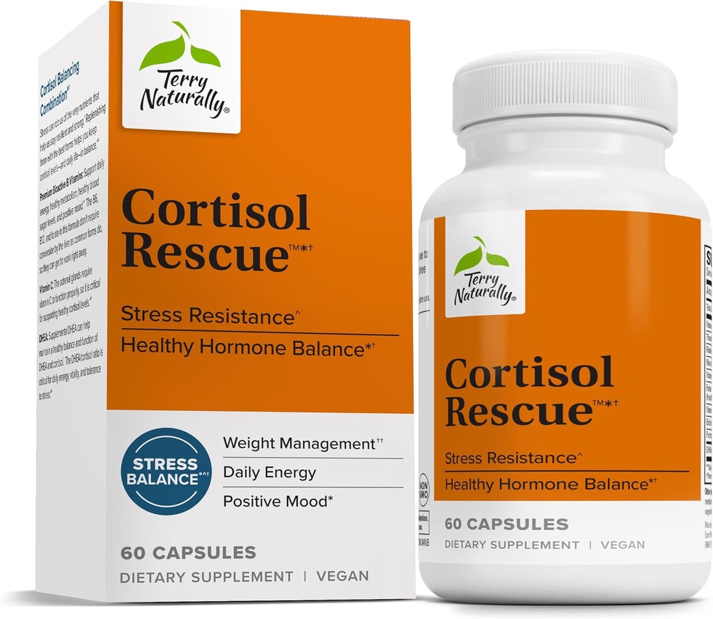 Terry Naturally Cortisol Rescue - Stress Response Support with Vitamin C & Bioactive B Vitamins - Adrenal Health & Energy Support Supplement - 60 Capsules (60 Servings)