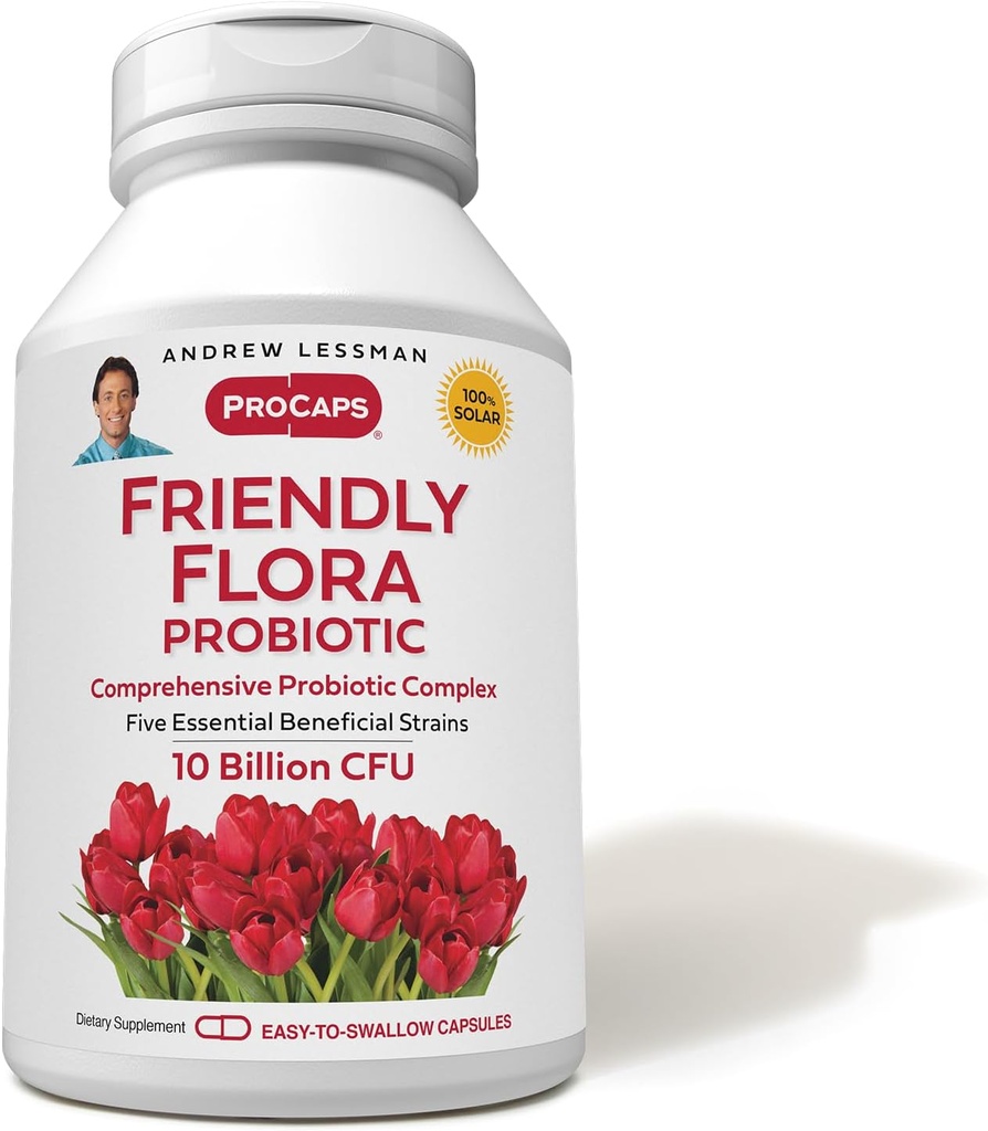 ANDREW LESSMAN Friendly Flora Probiotic 90 Capsules - 10 Billion CFU, Comprehensive Blend of Five Probiotic Strains, Powerful Immune and Digestive Support. Probiotics for Women or Men