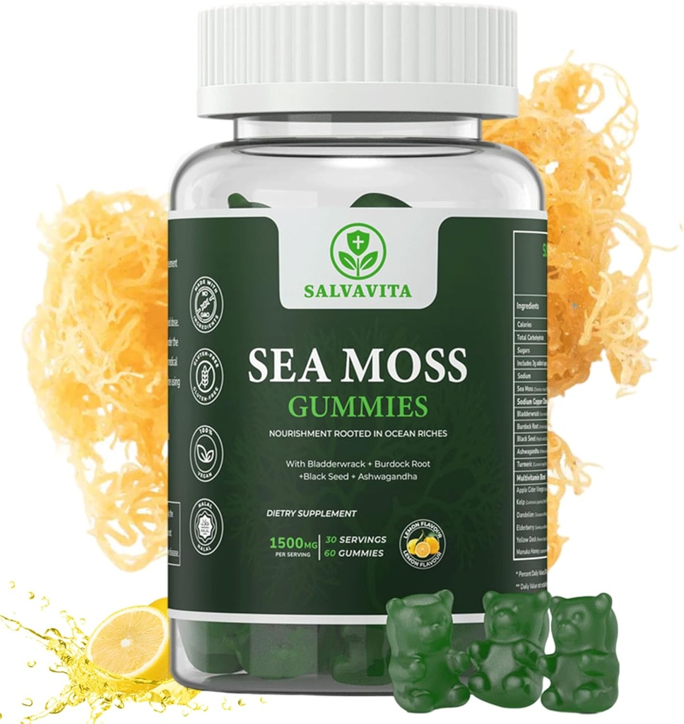 Sea Moss Gummies – Powerful 1500mg Serving | Infused with Bladderwrack, Burdock Root, Black Seed & Ashwagandha | Organic Sea Moss | Lemon Flavor - 60 Gummies
