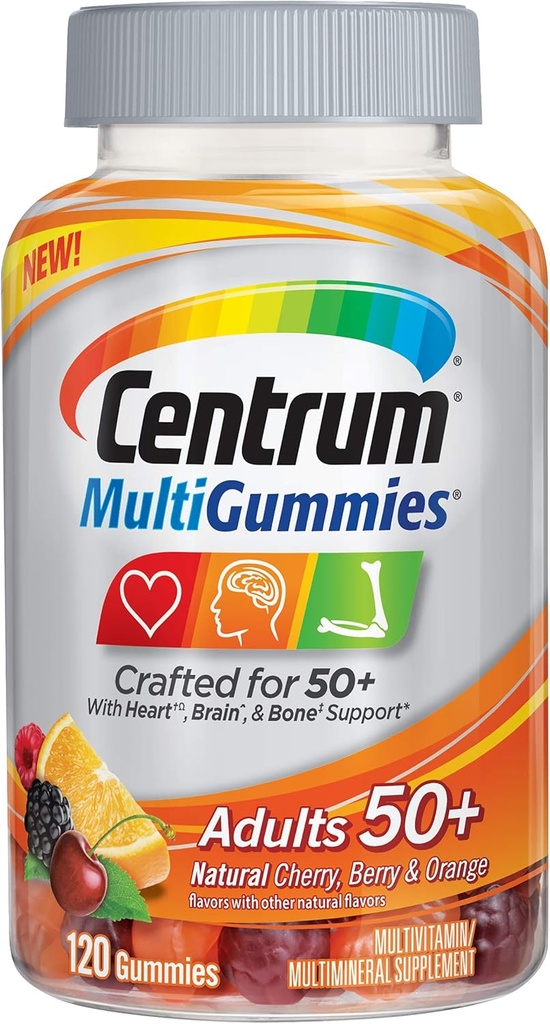 Centrum MultiGummies 大人(120カウント、自然チェリー、ベリー、オレンジ味) マルチビタミン/マルチミネラルサプリメント ビタミンB12、D、E、年齢50 +