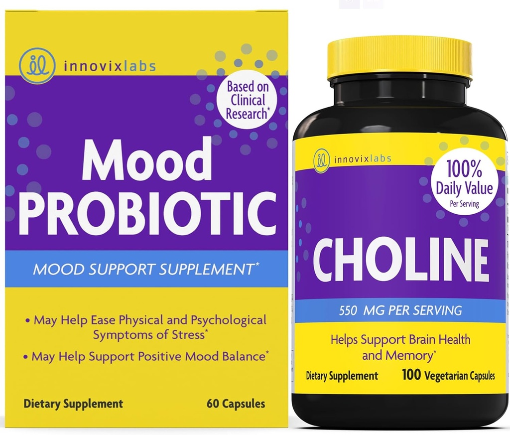 InnovixLabs Choline & Mood Probiotic Bundle Choline Bitartrate 550mg (100カプセル) Mood Probiotic (60カプセル). メモリ、気分、脳の健康とブースト認知をサポート*