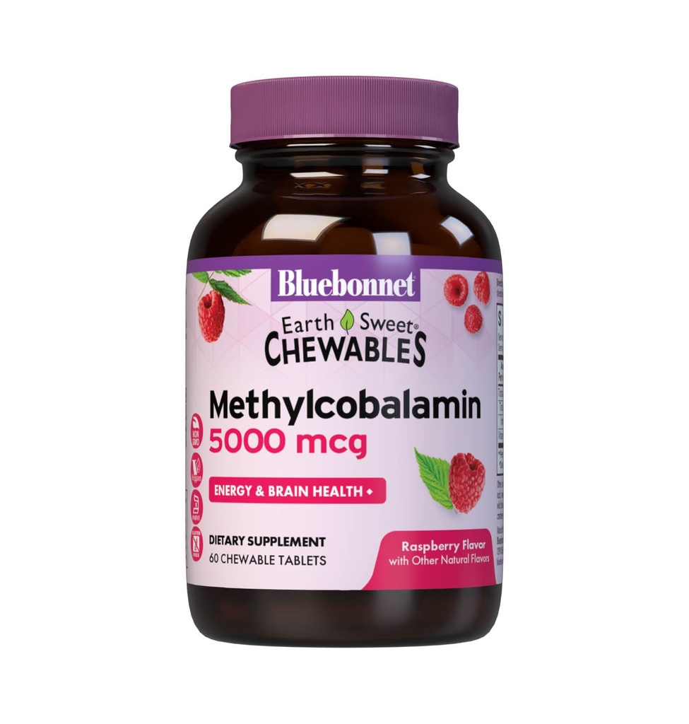 Bluebonnet栄養EarthSweet Methylcobalamin 5,000 mcg活性補酵素ビタミンB12のフォームは、エネルギーブーストと代謝をサポート - ビーガン、グルテンフリー - ラズベリー味 - 60 Chewable錠