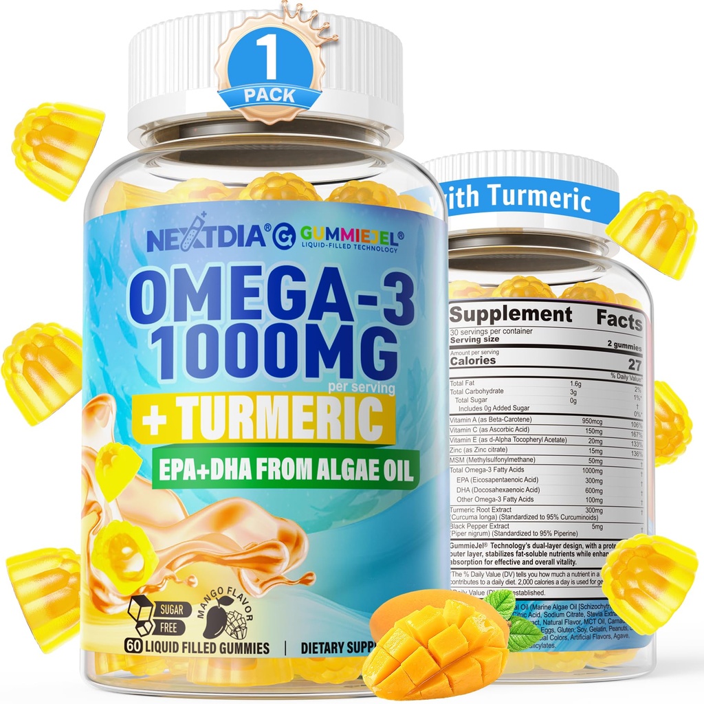 ビーガンオメガ3グミー1000mg +ターメリック - 大人のためのオメガ3魚油代替 - Algae DHA 600mg&EPA 300mg、ビタミンA、C、E、亜鉛&MSM、砂糖無料、60Cts