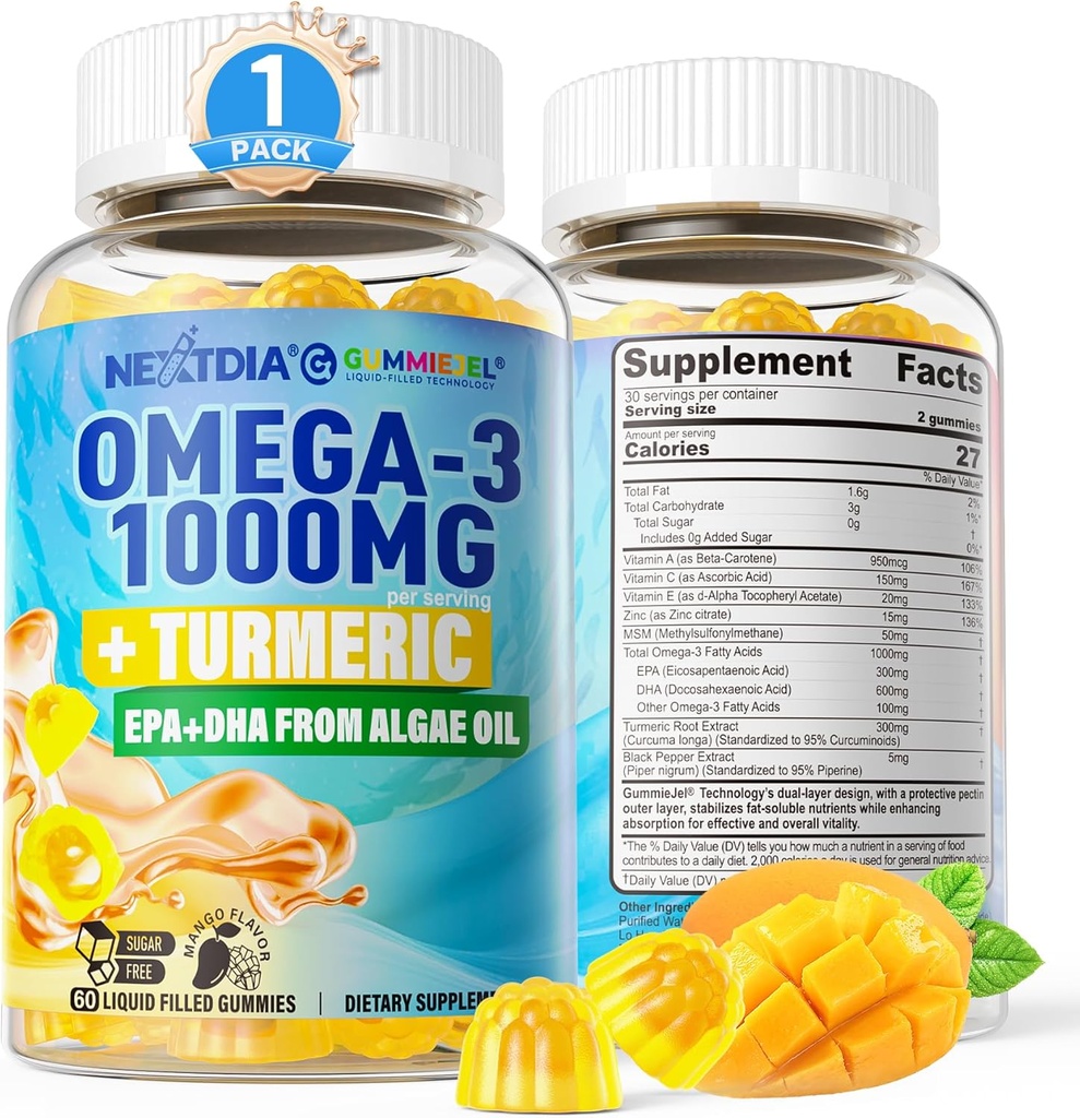 ビーガンオメガ3グミー1000mg +ターメリック - 大人のためのオメガ3魚油代替 - Algae DHA 600mg&EPA 300mg、ビタミンA、C、E、亜鉛&MSM、砂糖無料、60Cts