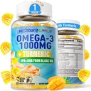 ビーガンオメガ3グミー1000mg +ターメリック - 大人のためのオメガ3魚油代替 - Algae DHA 600mg&EPA 300mg、ビタミンA、C、E、亜鉛&MSM、砂糖無料、60Cts
