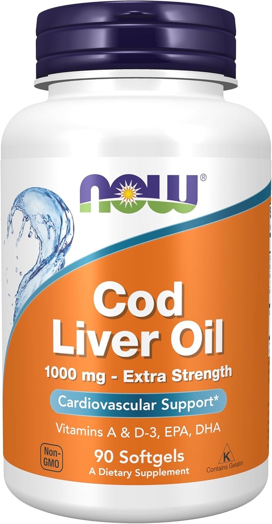 NOW Foods Supplements, Cod Liver Oil, Extra Strength 1,000 mg with Vitamins A & D-3, EPA, DHA, 90 Softgels
