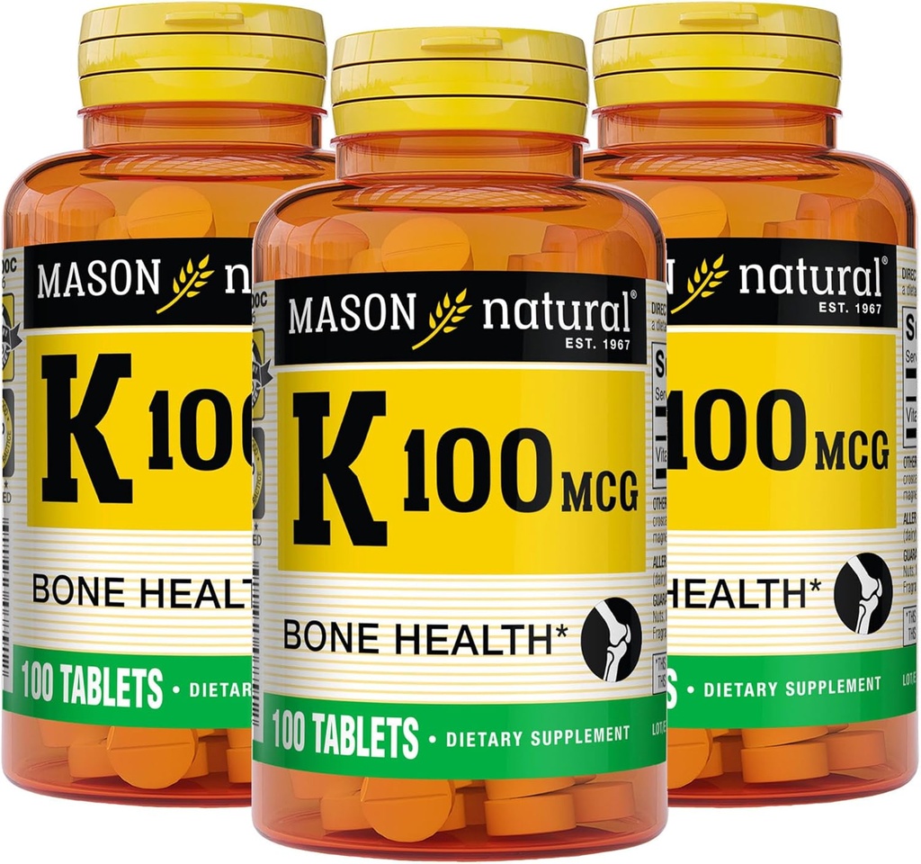 MASON NATURAL Vitamin K 100 mcg, Supports Bone & Joint Health, Helps Calcium Absorption, 100 Tablets, Pack of 3