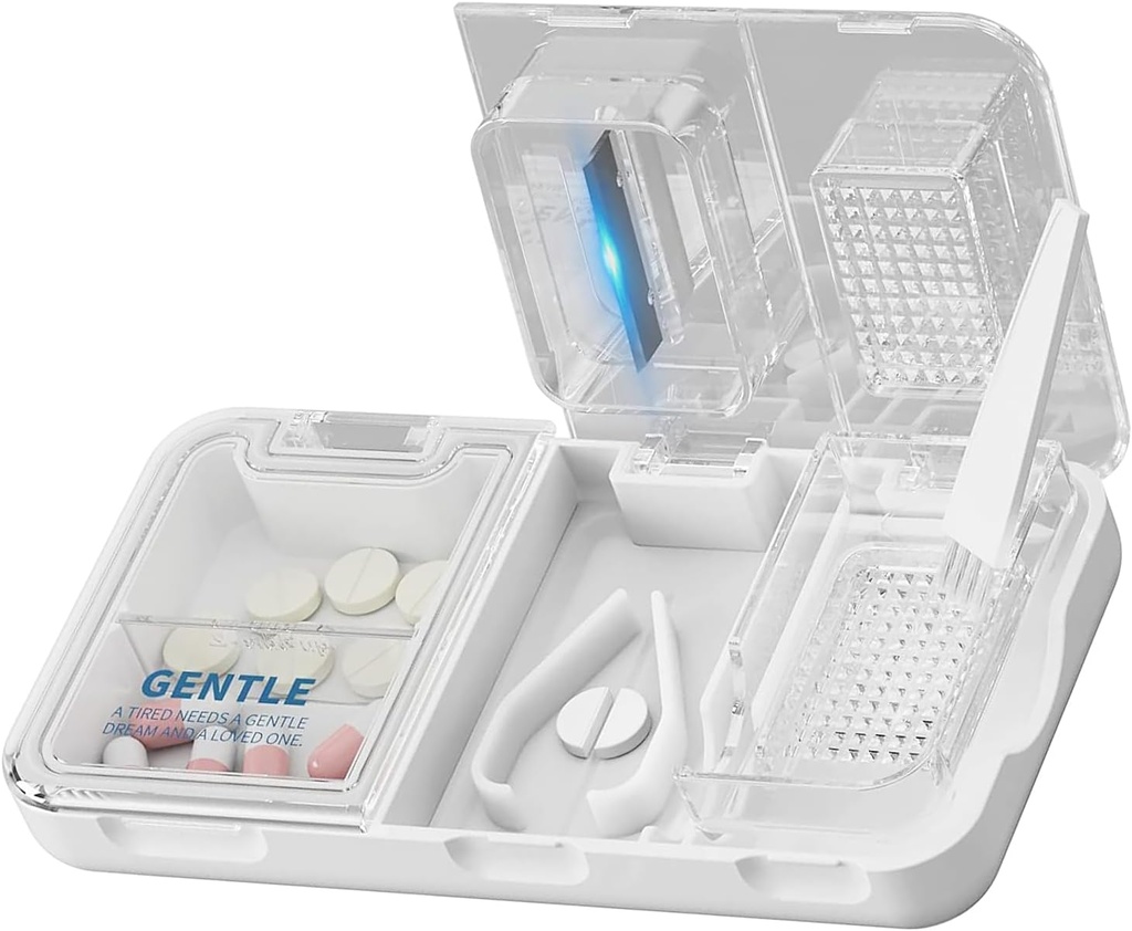 小さく、小さな丸薬、粉砕機、大型の毎日の使用法のための粉砕機のためのCFMOUR 3-in-1の丸薬のカッターのディバイダーは、安全に丸薬、ビタミン、タブレット、正確で、容易な切断、旅行大きさで分類される、白を切ます