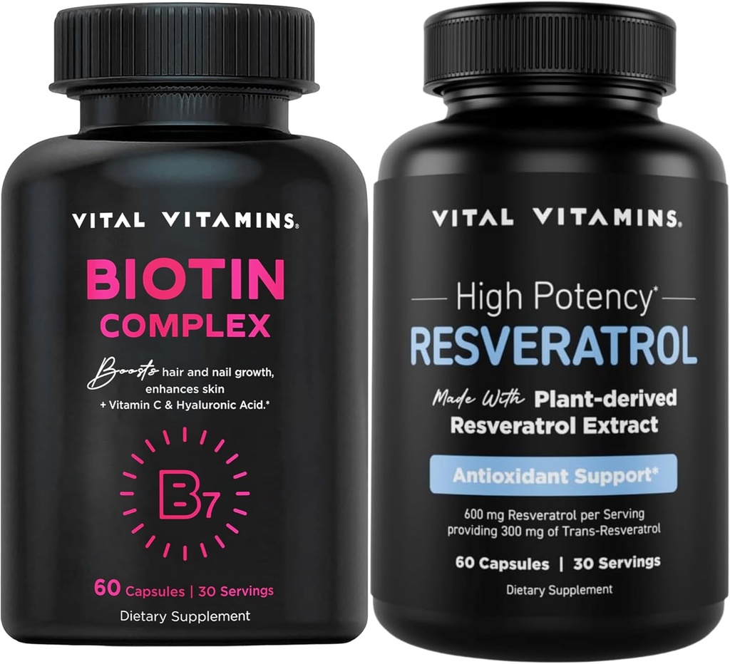 Vital Vitamins Biotin Complex Capsules + Resveratrol Capsules