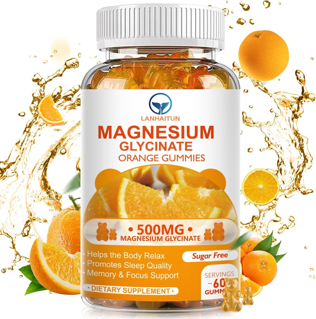 Magnesium Glycinate 500mg Gummies with 100mg Magnesium L-Threonate for Adult Kids,Magnesium Gummies Sugar Free Magnesium Potassium Supplement with Vitamin D,B6,CoQ10 (60 Pack, Orange)