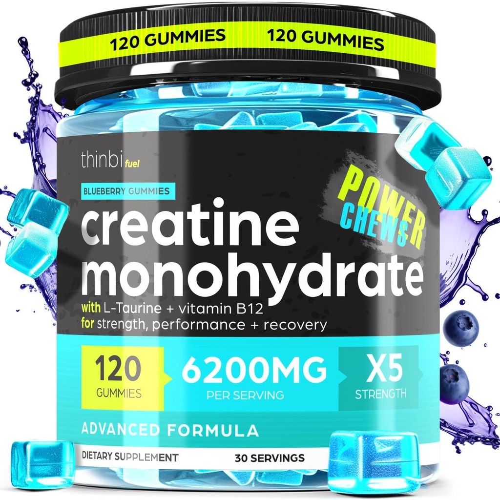 男性と女性のためのクレアチン単水グアミーコンプレックス6200mg - 120グミーアドバンストフォーミュラW / L-タウリン+ビタミンB12筋肉強度、筋肉ビルダー、エネルギーブースト、プレワークアウトサプリメント - Thinbi