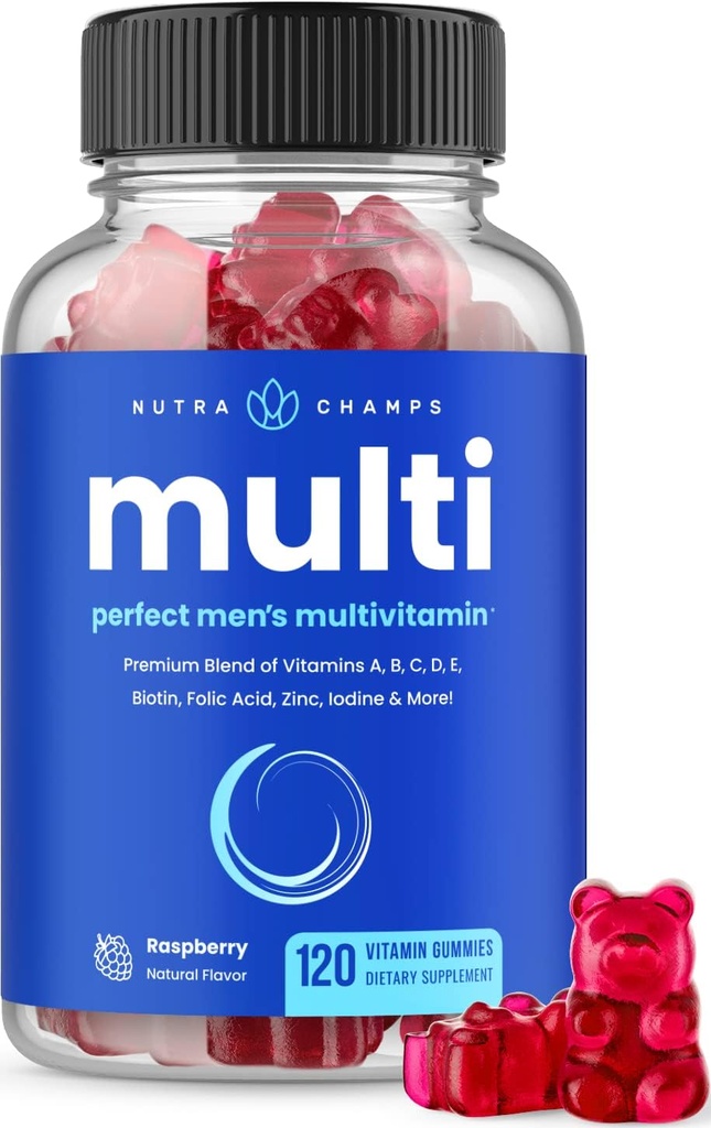 NutraChamps Multivitamin for Men 14 + | メンズマルチビタミングミ、120カウント | ビタミンA、B、C、D、E、ビオチン、亜鉛 | 男性用ガミーマルチビタミンサプリメント | 男性用チャイラビタミン