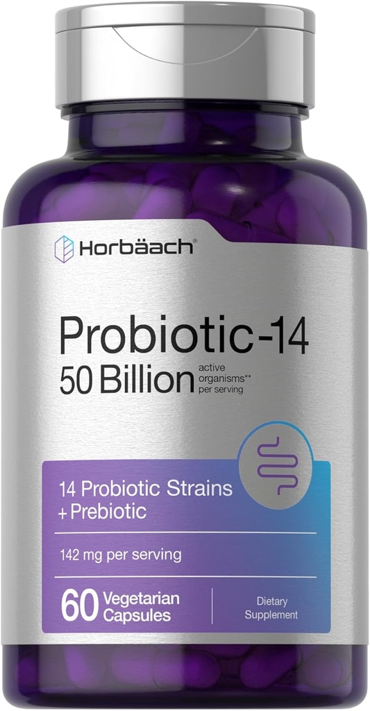Horbaach Probiotics for Women and Men | 60 Capsules | 14 Probiotic Strains with Prebiotic | 50 Billion Active Organisms | Non-GMO & Gluten Free Supplement