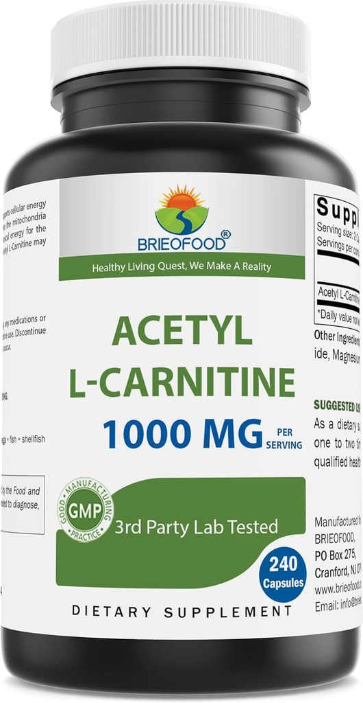 Brieofood のアセテート L カルニチン 1000 mg のサービングごとの 240 のカプセル。 グルテンフリー、非GMO。