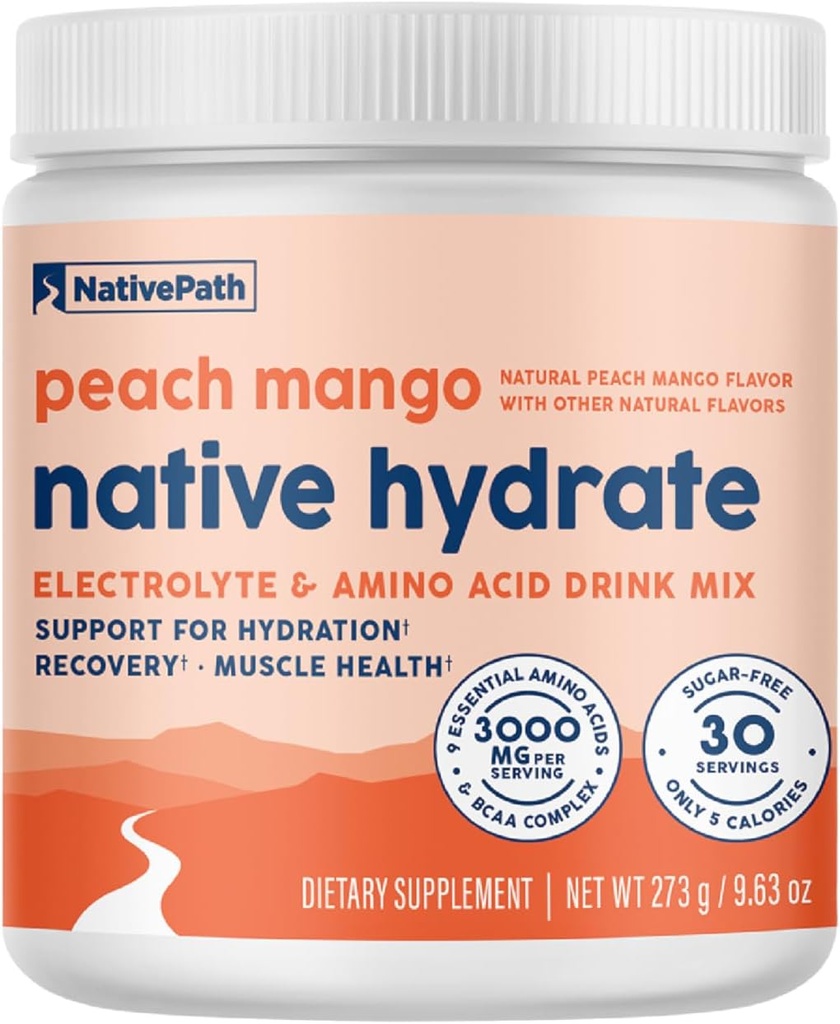 NativePath Native Hydrate, Zero Sugar, Electrolytes Powder with BCAAs, Peach Mango Hydration, Keto & Paleo Friendly, 30 Servings
