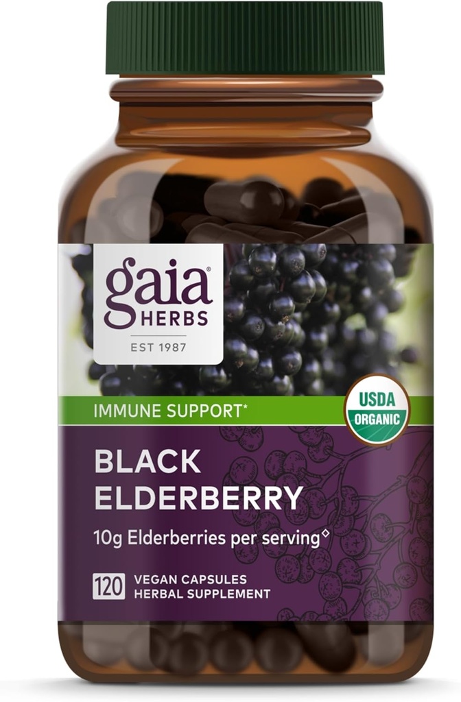 Gaia Herbs Black Elderberry - Daily Immune Support Supplement to Help Support Wellness - with Black Elderberries & Acerola Fruit for Antioxidant Support* - 120 Vegan Capsules (60-Day Supply)