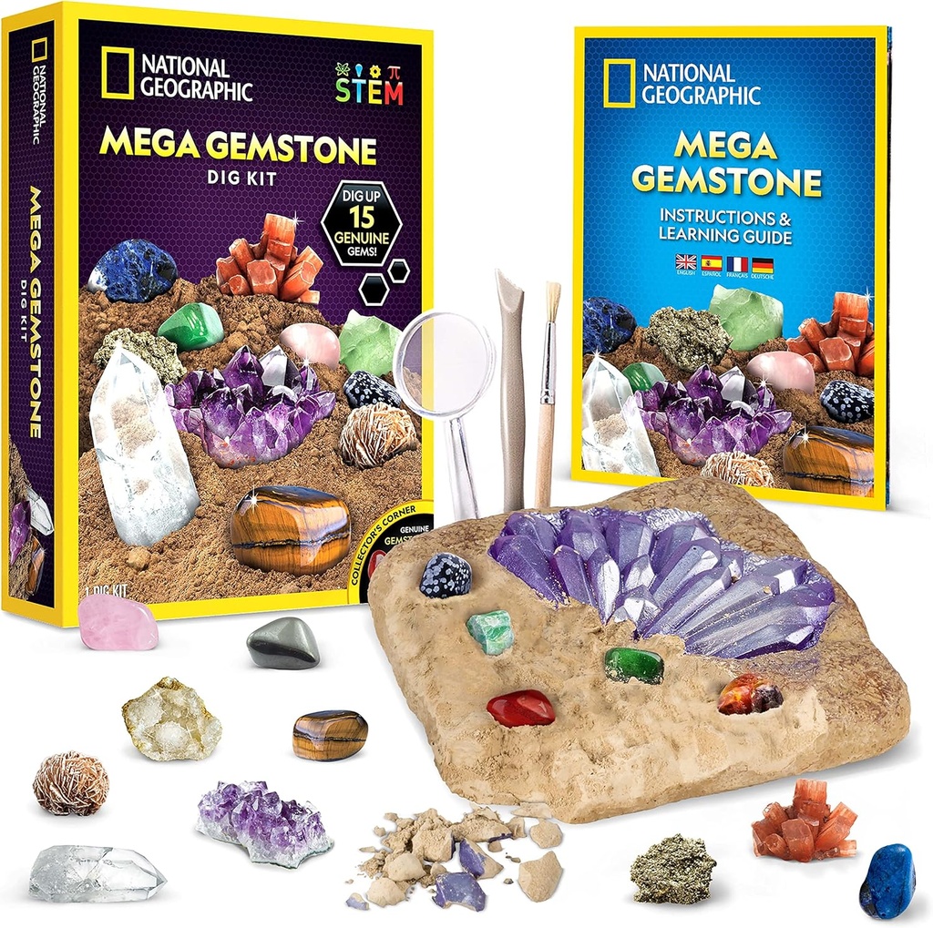 NATIONAL GEOGRAPHICメガジェムストーンディグキット - 子供のための15の本物の宝石とクリスタル、サイエンスキット、宝石ディギングキット、少女と少年のためのギフト、マイニングキット、ロックコレクションを掘り下げる