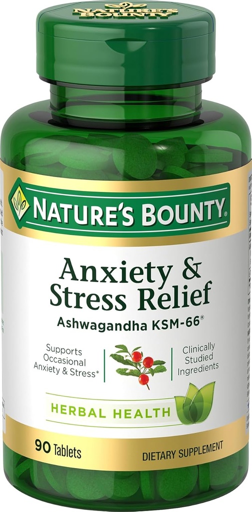 Nature's Bounty ストレスリリーフ、Ashwagandha KSM-66、サポート 時事ストレスリリーフ、栄養補助食品、1日あたりの2錠、ベジタリアンタブレット、グルテンフリー、90 Ct