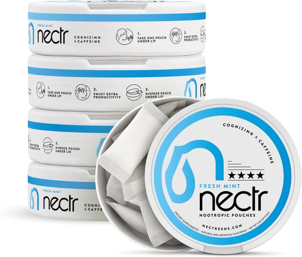 Nectrエネルギー向知性ポーチ - フレッシュミント風味、コグニジン®シチコリンとカフェインポーチ。 ニコチンフリーの砂糖なしの脳トリート。 滑らかで、維持された焦点及びエネルギー補足- 16pcsの5つのパック