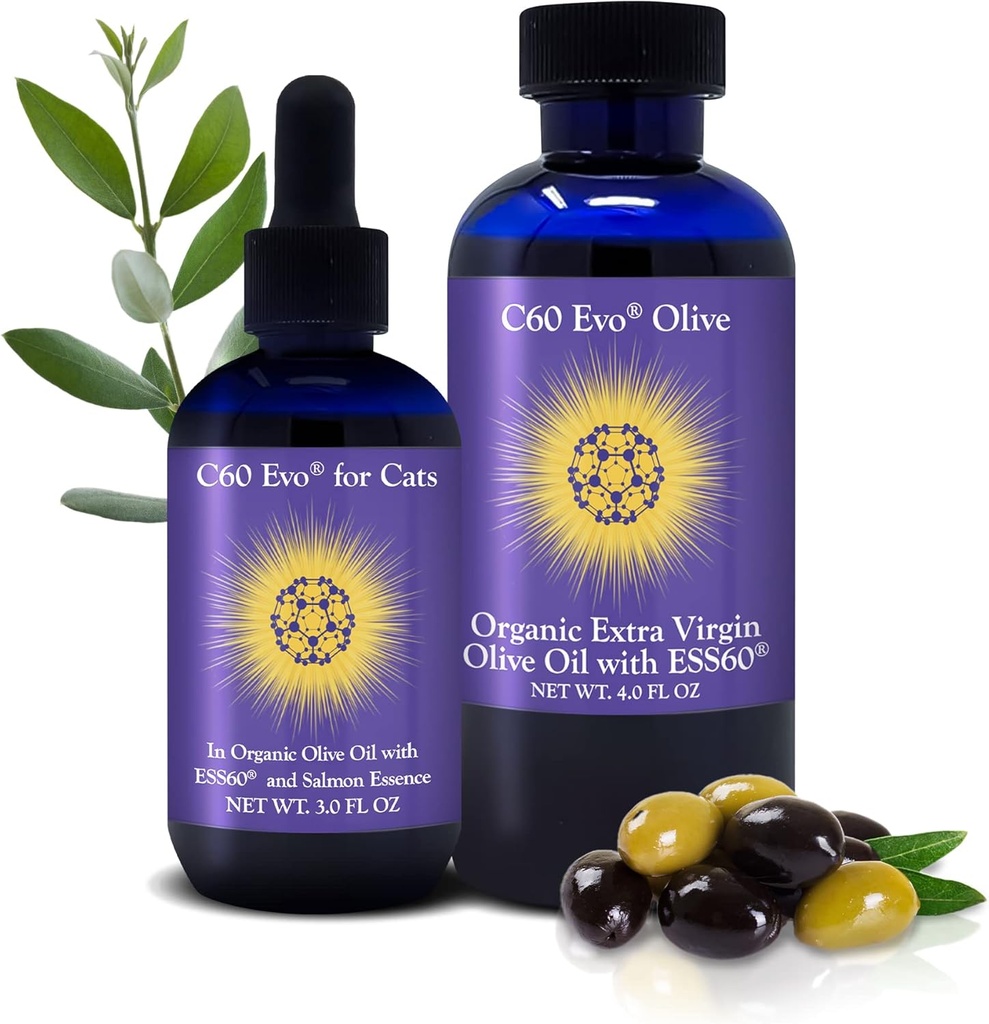 C60 Evo Cat Lover Set, 2 Bottles of Pure ESS60 in Extra Virgin Olive Oil, 1 for Humans and 1 for Felines, Cat Supplements Infused with Natural Salmon Essence, Must-Have Pet Supplies and Cat Products