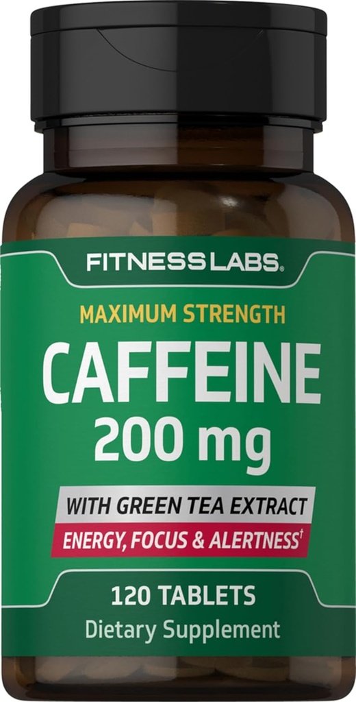 Fitness Labs Caffeine Pills | 200mg | 120 Tablets | with Green Tea Extract | Maximum Strength Supplement | Vegetarian, Non-GMO, Gluten Free