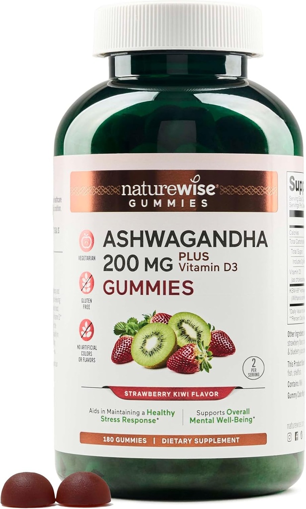 NatureWise Ashwagandha Gummies - イチゴキウイ - KSM-66 ビタミンD3 - 発酵気分のサポート - ベジタリアン - 非GMO、ゼラチン、グルテンフリー - 180カウント[3ヶ月の供給]