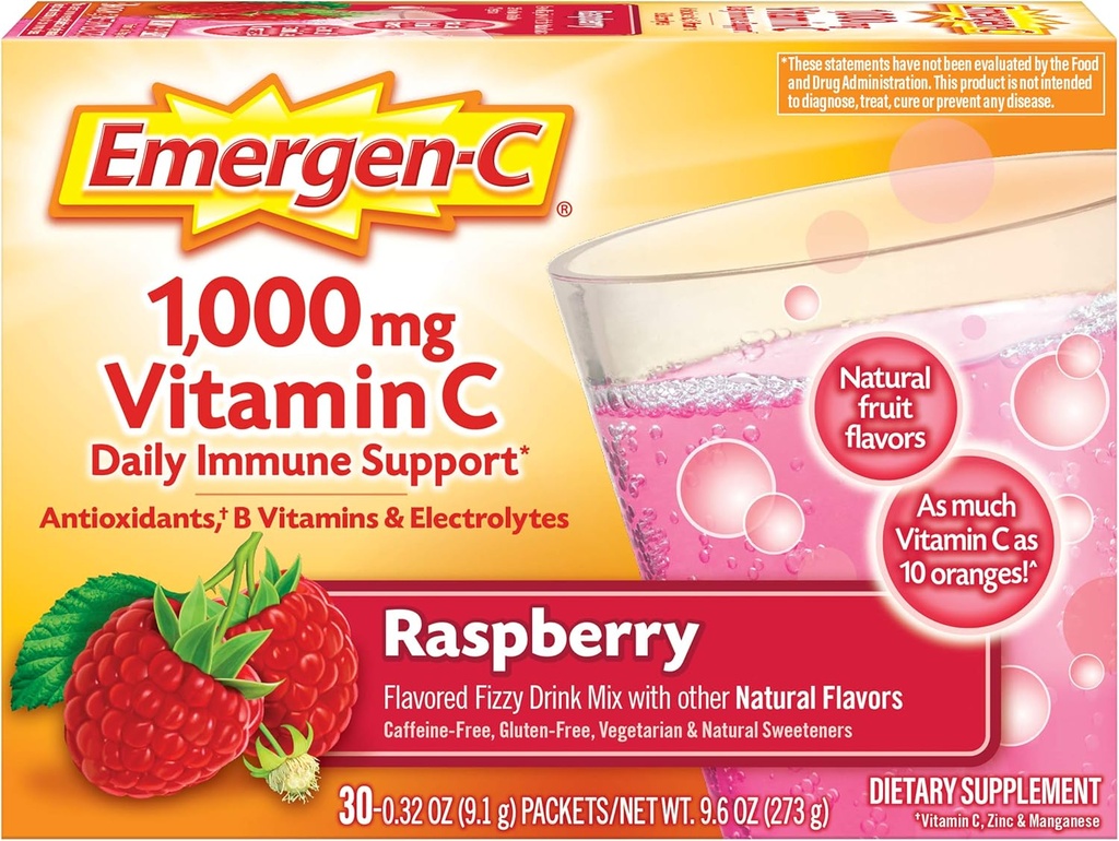 Emergen-C(30カウント、ラズベリー風味、1ヶ月の供給)1000mgビタミンC、0.32オンスパック、カフェイン無料と栄養補助食品フィジードリンクミックス
