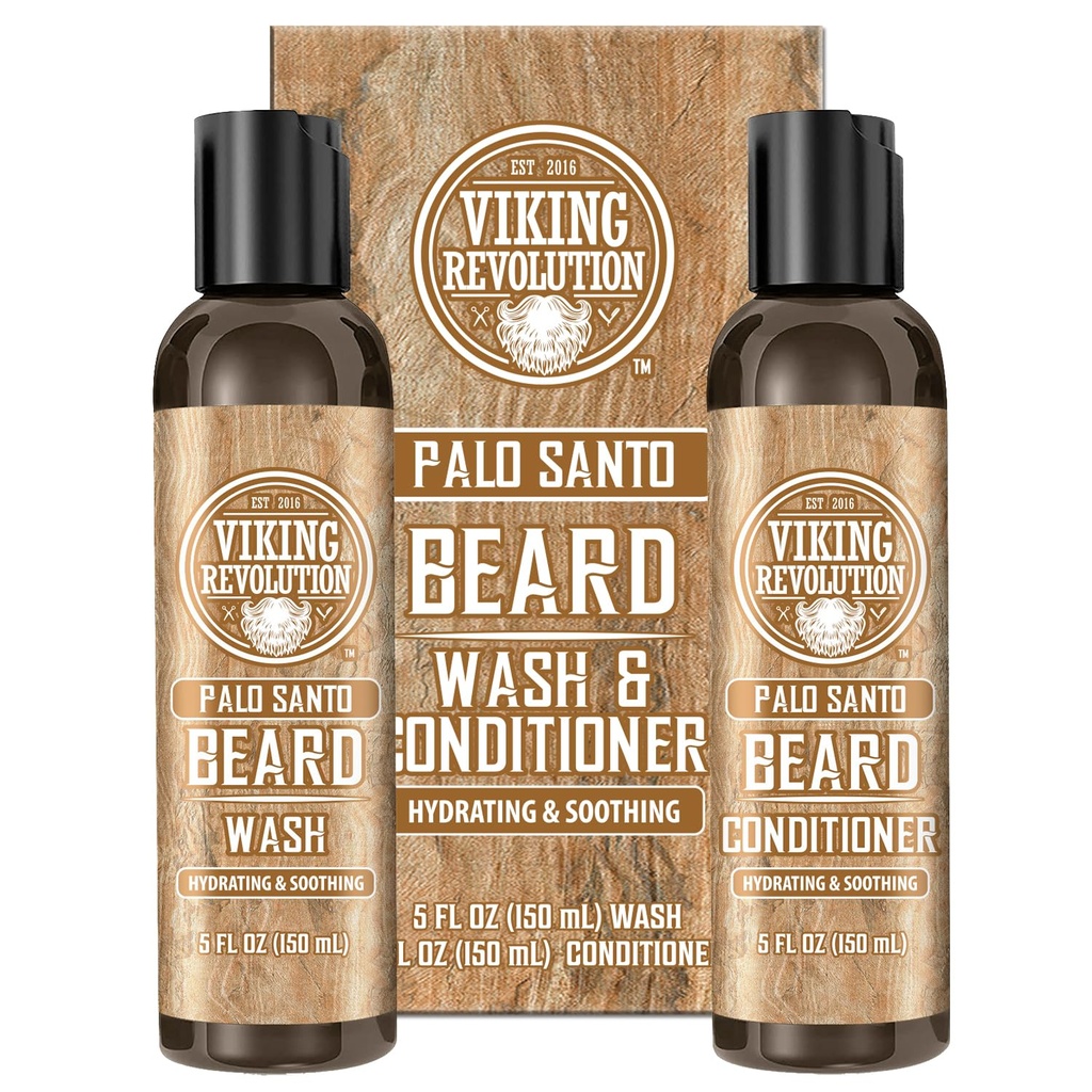 Viking Revolution Beard Wash and Beard Conditioner for Men with Argan Oil and Jojoba Oil - Beard Softener and Strengthener Beard Care Beard Shampoo and Conditioner with Ginseng Root (5oz, Palo Santo)
