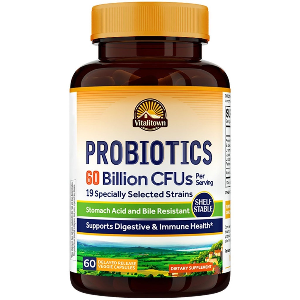 Vitalitown Probiotics + プレバイオティクス | 60 Billion CFUs 19 Strains | 60 Delayed Release Veg Cap | 安定的、プレバイオティクス、プロバイオティクス | 消化の健康、免疫の健康 | 完全菜食主義者、非GMO、乳製品なし