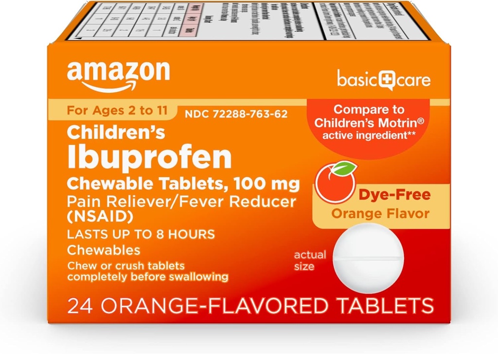 基本的な心配の子供のIbuprofenのChewableのタブレット、苦痛Relieverおよびファーバーの減力剤、オレンジ味料、年齢2-11の持続期間8時間まで、100のmg、24の計算