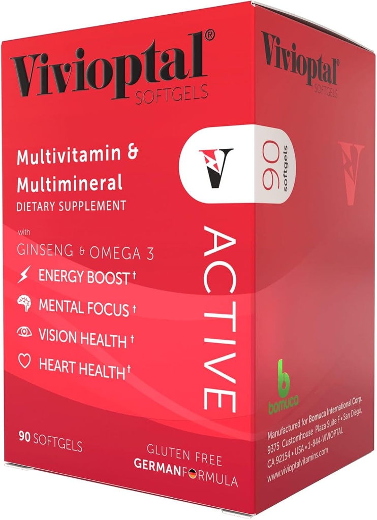 Vivioptal Active、90 Softgels、Ginseng&Omega 3、マルチビタミン&マルチミネラル、グルテンフリー、ドイツ式