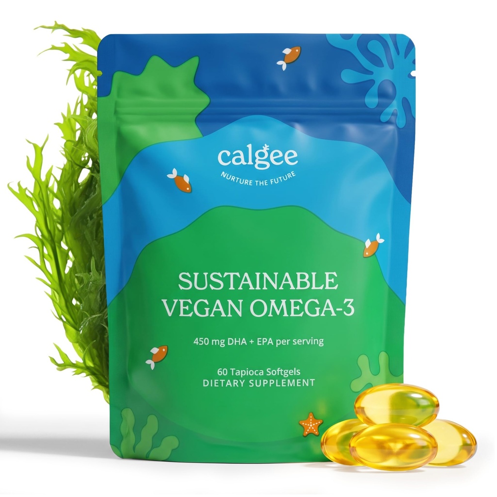 Calgeeビーガンオメガ3-450mg DHA&EPA脂肪酸 - 持続可能な藻油 - 植物ベースの魚油代替 - カラギーナンフリーソフトゲル(60 Ct)